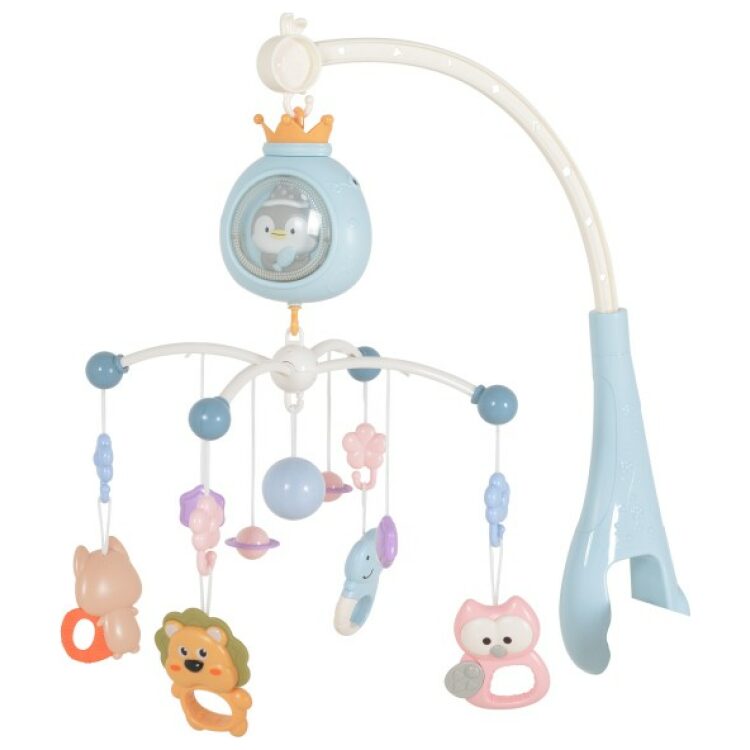 Μουσικό περιστρεφόμενο παιχνίδι κρεβατιού με λευκούς ήχους, Moni Penguin Blue