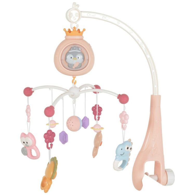 Μουσικό περιστρεφόμενο παιχνίδι κρεβατιού με λευκούς ήχους, Moni Penguin Pink