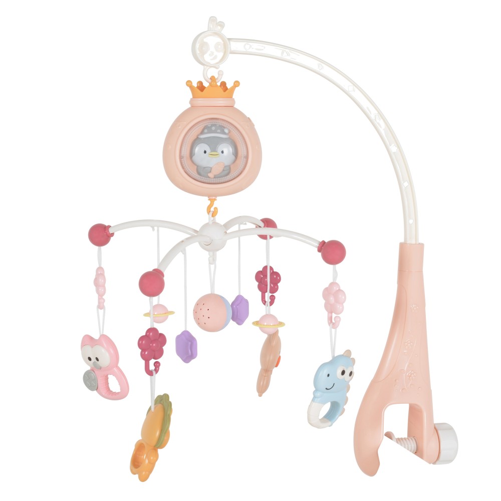 Μουσικό περιστρεφόμενο παιχνίδι κρεβατιού με λευκούς ήχους, Moni Penguin Pink
