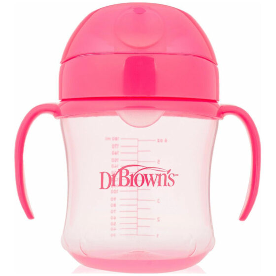 Εκπαιδευτικό Κύπελλο DrBrown's 180 ml μαλακό στόμιο με ροζ καπάκι και λαβές