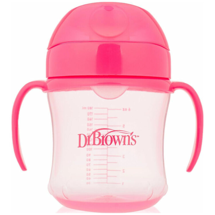 Εκπαιδευτικό Κύπελλο DrBrown's 180 ml μαλακό στόμιο με ροζ καπάκι και λαβές