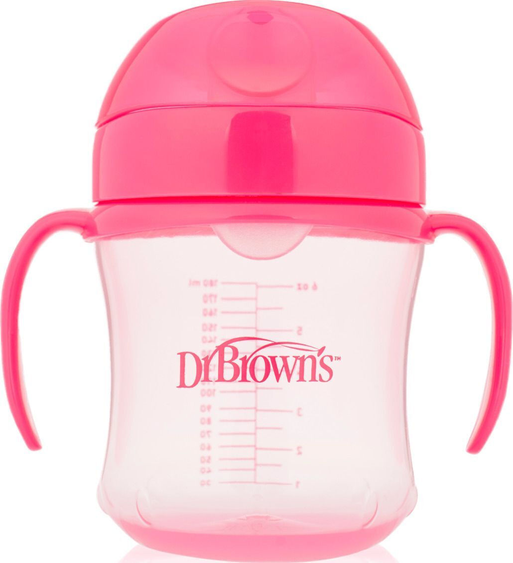 Εκπαιδευτικό Κύπελλο DrBrown's 180 ml μαλακό στόμιο με ροζ καπάκι και λαβές