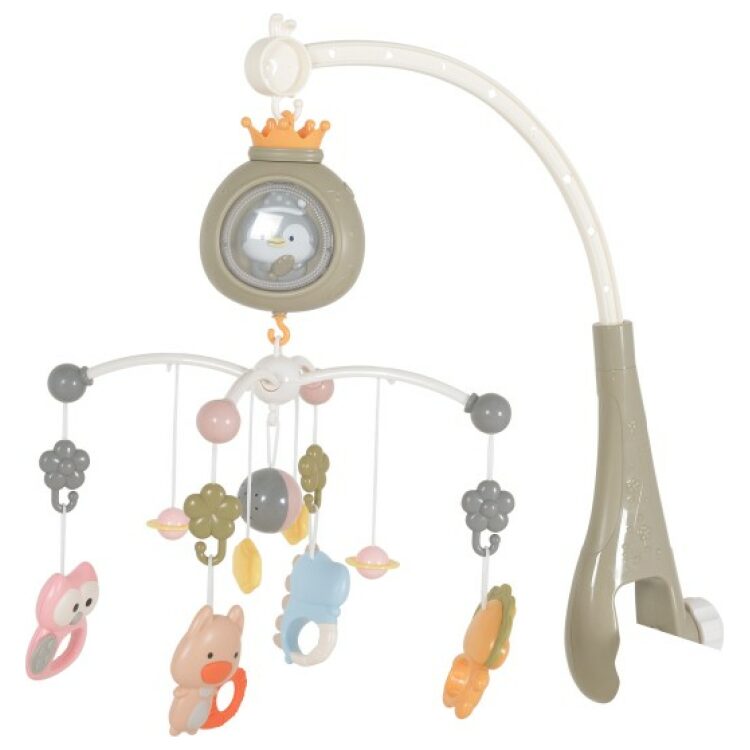 Μουσικό περιστρεφόμενο παιχνίδι κρεβατιού με λευκούς ήχους, Moni Penguin Grey